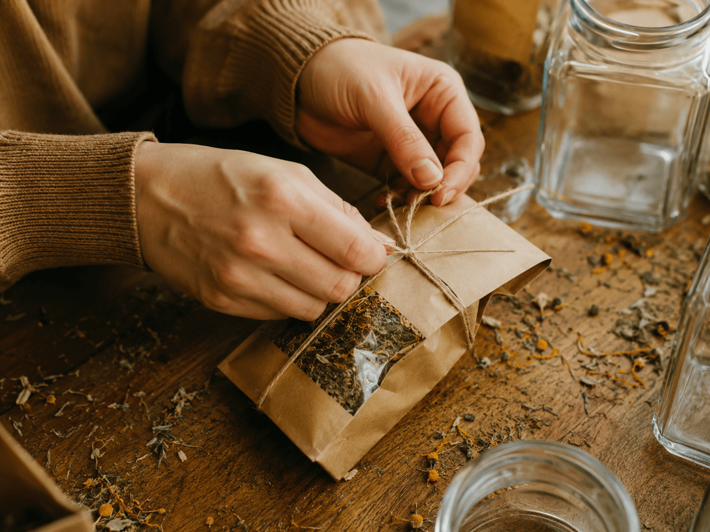 A member of the Sacra Terra family sorting dried herbs by hand at a wooden table