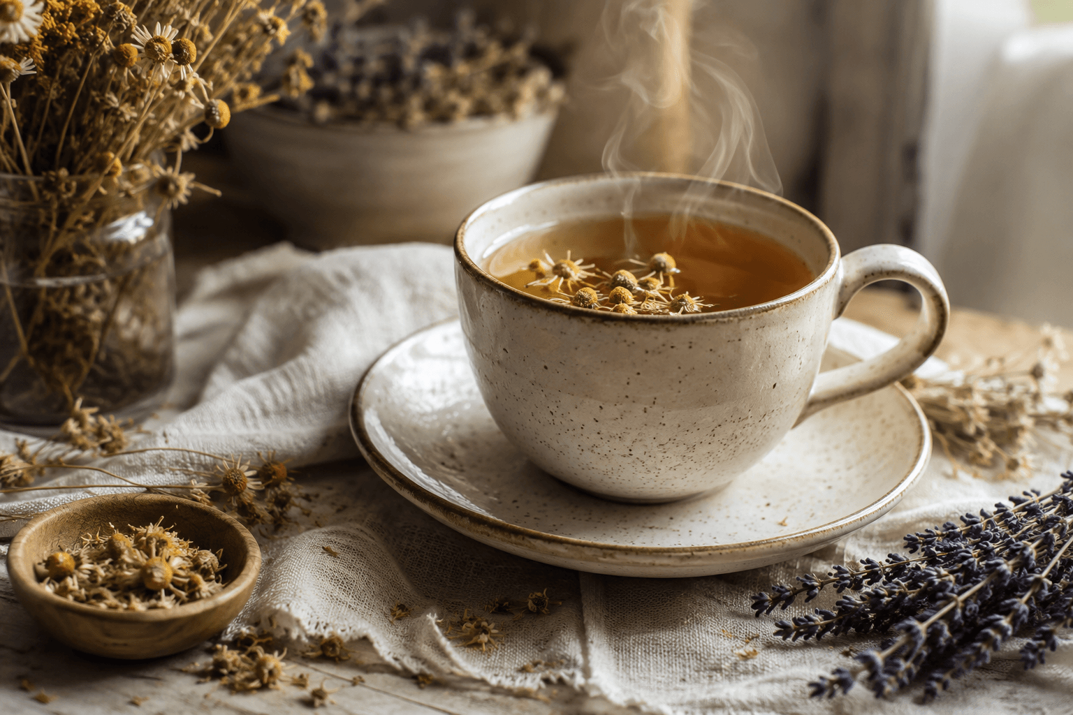 A ceramic cup of steeped herbal tea on a saucer, surrounded by dried chamomile and lavender on a linen cloth