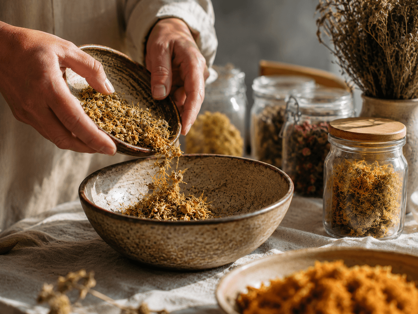 Hands pouring dried botanicals into a ceramic bowl beside glass jars of loose herbs