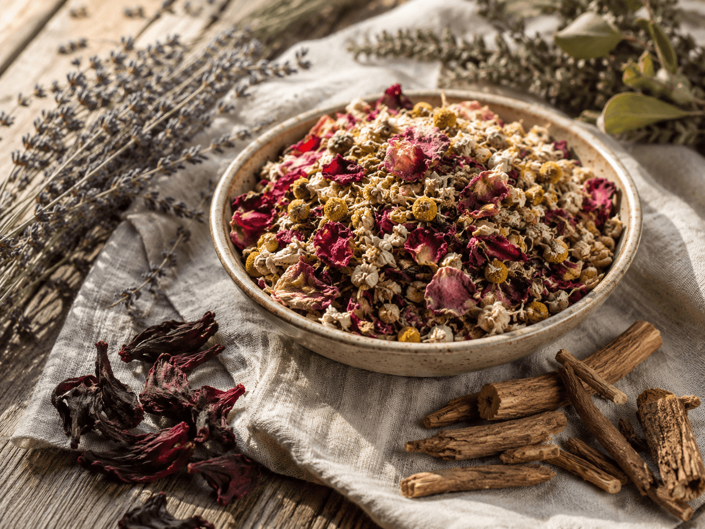 A ceramic bowl filled with dried chamomile flowers and rose petals, surrounded by loose sprigs of lavender, hibiscus, and whole roots on a linen-draped table