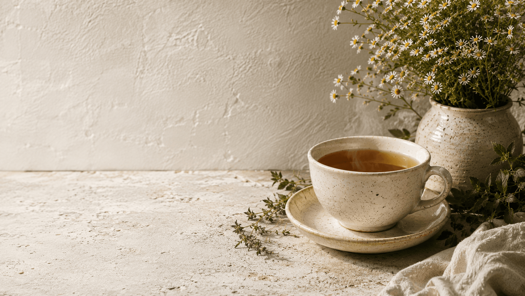 A steaming cup of herbal tea on a ceramic saucer beside dried chamomile flowers in a speckled vase